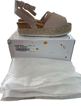 PANDANINJIA Girls Nude Nubuck Espadrille Wedge Sandals - Size 5